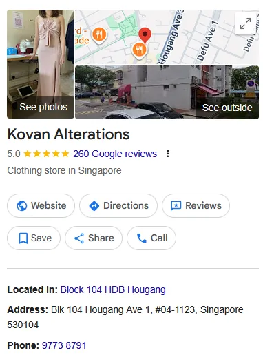 Kovan Alterations — Google listing showing 5.0 stars and 260 reviews