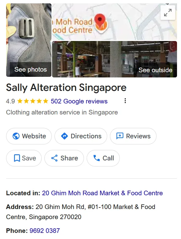 Sally Alteration Singapore — Google listing showing 4.9 stars and 502 reviews