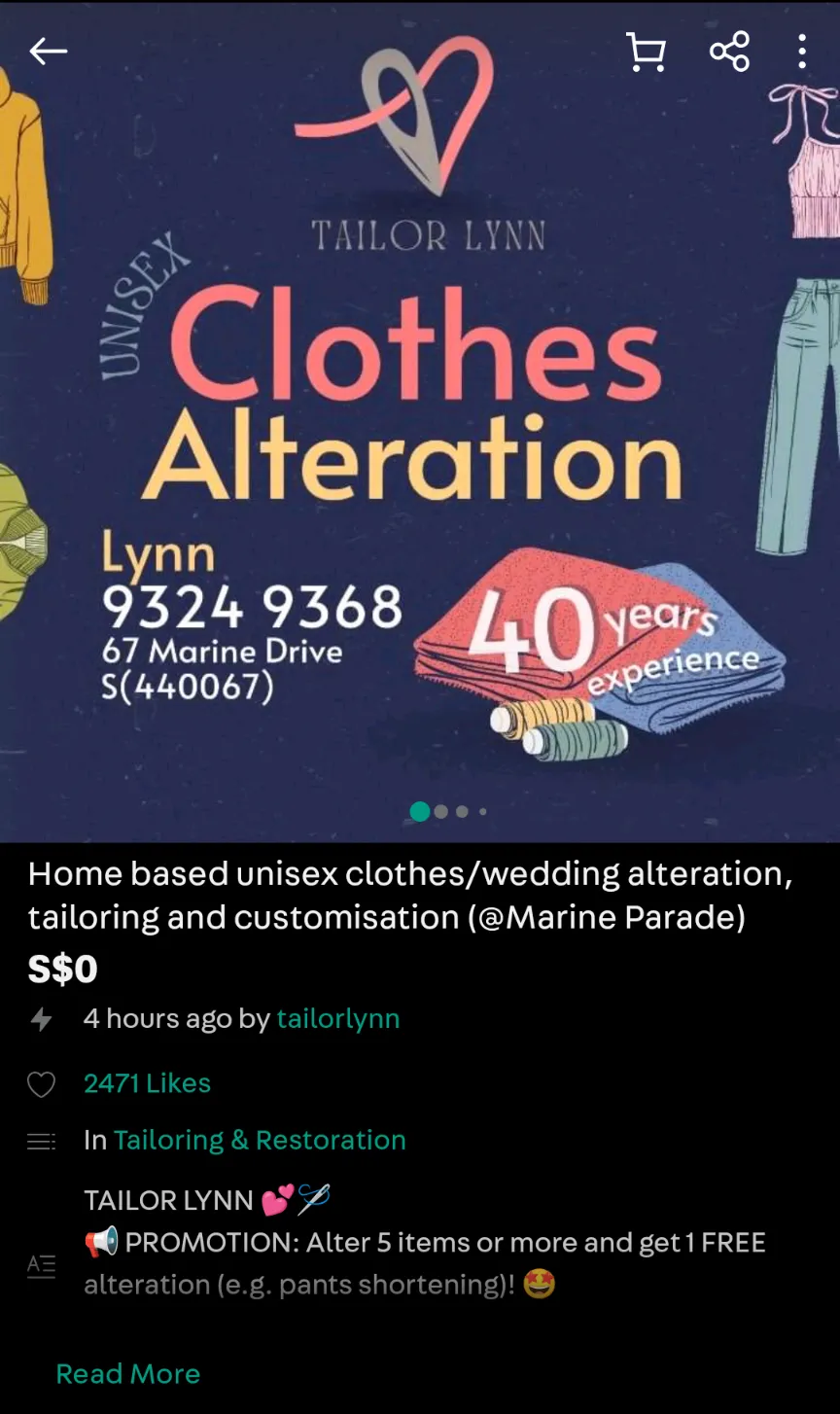 Tailor Lynn — Carousell listing showing 40 years of experience and 2,471 likes