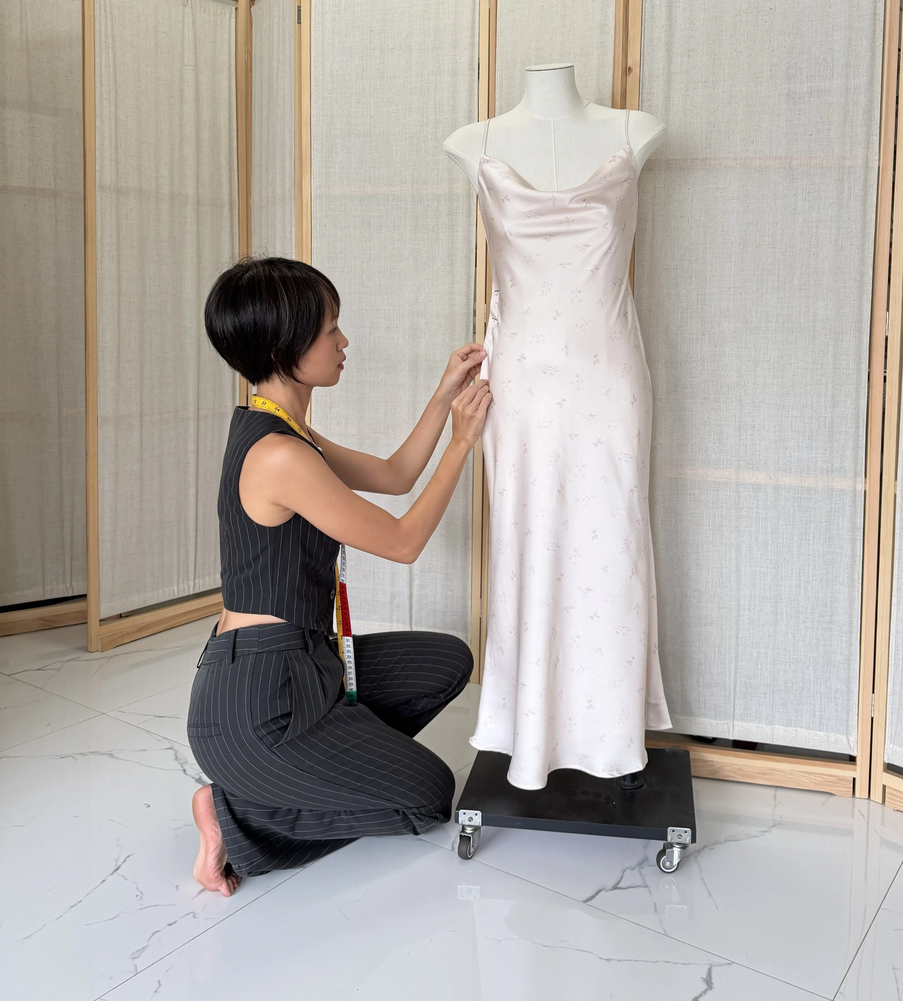 Dress fitting on a mannequin at the Stitch and Steam studio